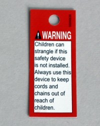 Warning sign for Roman blinds, tensioning devices, cleats or chain tensioners etc.