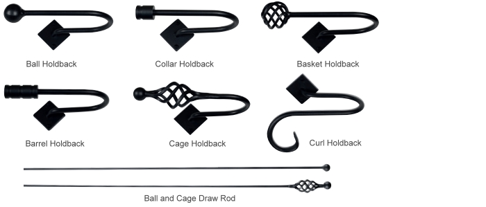 Holdbacks and draw rods to match finial designs